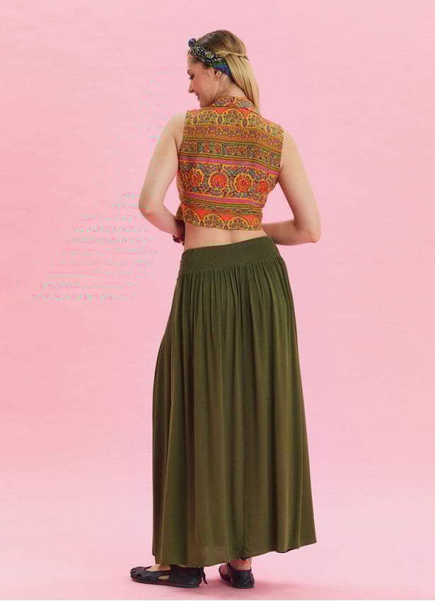 Khaki Bohemian Skirt with Elastic Waist and Drape Detail 4494